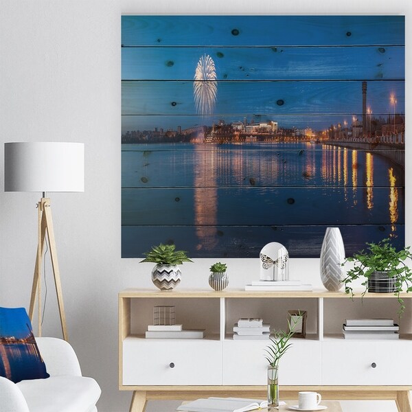 Designart 'Embankment of City Panorama' Cityscape Print on Natural Pine Wood - Multi-color