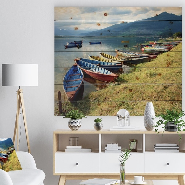 Designart 'Color Boats in Phewa Lake' Boat Print on Natural Pine Wood - Multi-color
