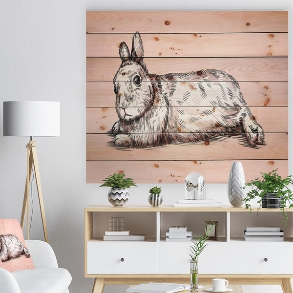 Designart 'Brush painting ink draw isolated rabbit illustration' Farmhouse Animal Painting Print on Natural Pine Wood - Pink
