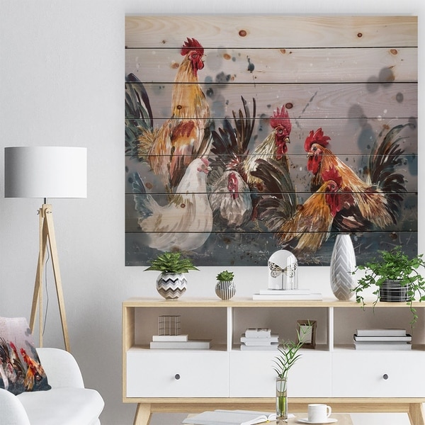 Designart 'Group of Rooster in Gray Farm background' Farmhouse Animal Painting Print on Natural Pine Wood - Grey