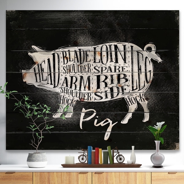 Designart 'Pig pork cutting scheme chalk' Farmhouse Animal Painting Print on Natural Pine Wood - Black