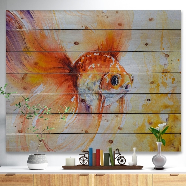 Designart 'Orange Glodfish in water' Animals Painting Print on Natural Pine Wood - Multi-color