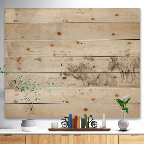 Designart 'Herd of Wild Bison Sketch' Farmhouse Animal Painting Print on Natural Pine Wood - Brown