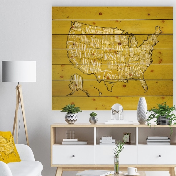 Designart 'United States Yellow Vintage Map' Maps Painting Print on Natural Pine Wood - Multi-color