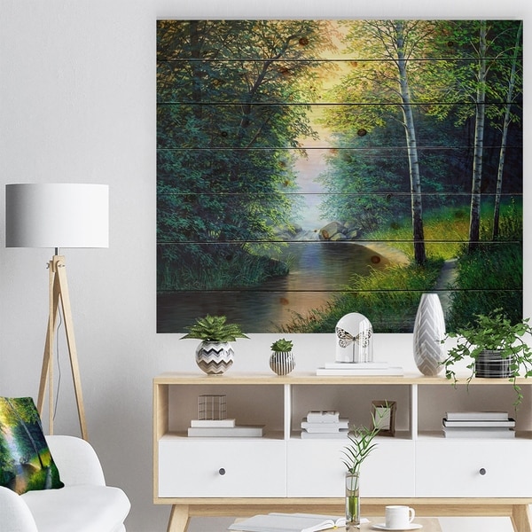 Designart 'River with Waterful' Landscapes Painting Print on Natural Pine Wood - Green