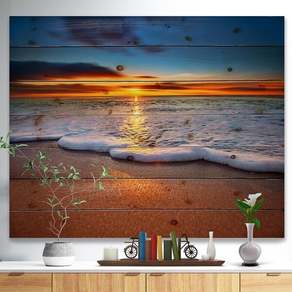 Designart 'Sunrise light shining from Blue Sky' Landscapes Sea & Shore Print on Natural Pine Wood - Brown