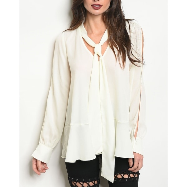 JED Women's Ivory Long Sleeve Bow Blouse