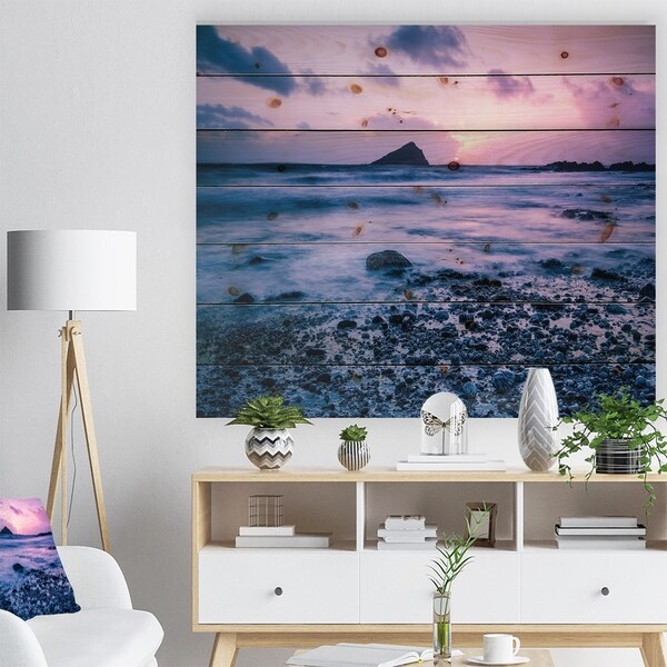 Designart 'Slow Motion Waves on Rocky Beach' Modern Seascape Print on Natural Pine Wood - Multi-color