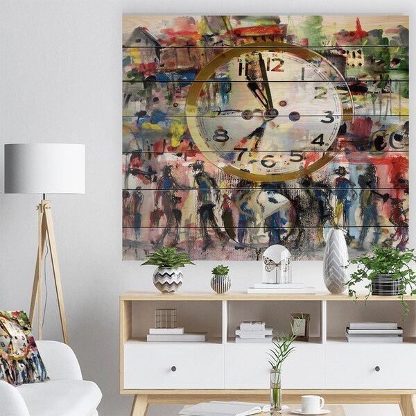 Designart 'People and Time Acrylic Watercolor' Abstract Print on Natural Pine Wood - Red