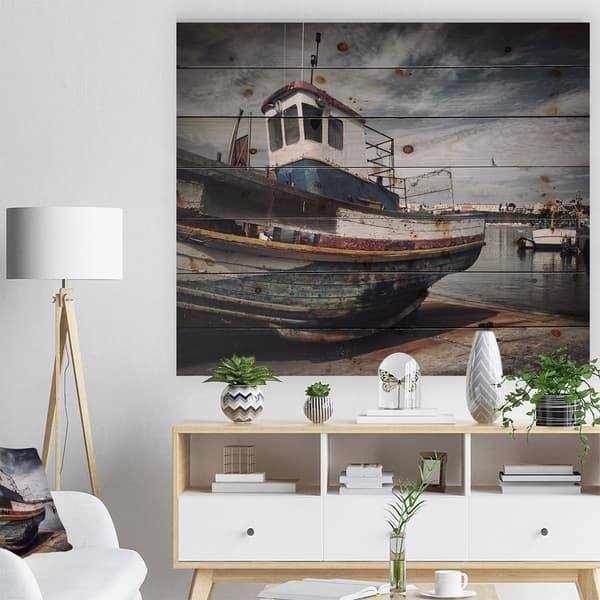 Shop Designart Old Fishing Boat Boat Print On Natural Pine
