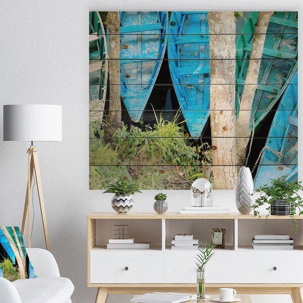 Designart 'Blue Boats on Lake Phewa' Boat Print on Natural Pine Wood - Blue