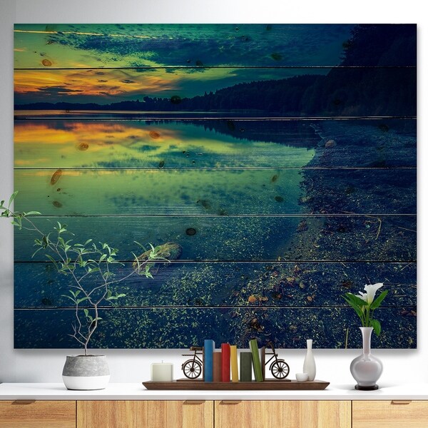 Designart 'Dark Vintage Lake at Sunset' Boat Print on Natural Pine Wood - Multi-color