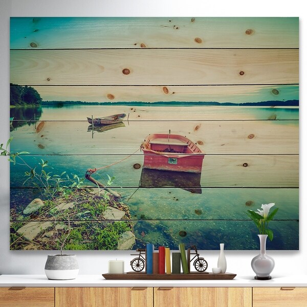 Designart 'Beautiful Lake Vintage View' Boat Print on Natural Pine Wood - Multi-color