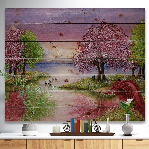Designart 'Romantic Lake in Pink and Green' Landscape Print on Natural Pine Wood - Green