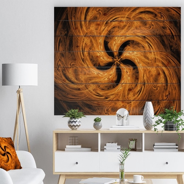 Designart 'Brown Fire Fractal Flower Design' Floral Print on Natural Pine Wood - Red
