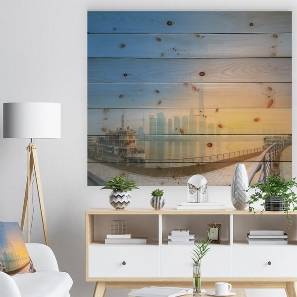Designart 'Shanghais Night with Lights' Cityscape Print on Natural Pine Wood - Multi-color
