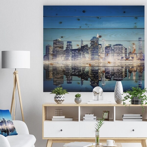 Designart 'Skyscraper on New York City' Cityscape Print on Natural Pine Wood - Multi-color