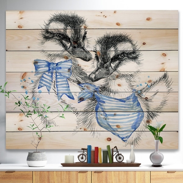 Designart 'Cute Two Little Duckling' Animals Painting Print on Natural Pine Wood - White