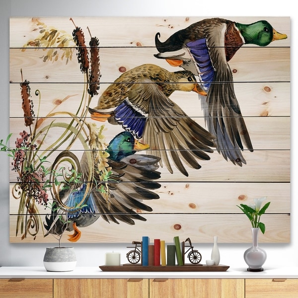 Designart 'Three Flying Ducks in Colored illustration' Farmhouse Animal Painting Print on Natural Pine Wood - White