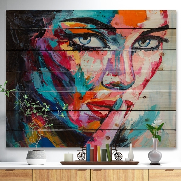Designart 'Woman Portrait Can You Keep it' Glamour Painting Print on Natural Pine Wood - Multi-color