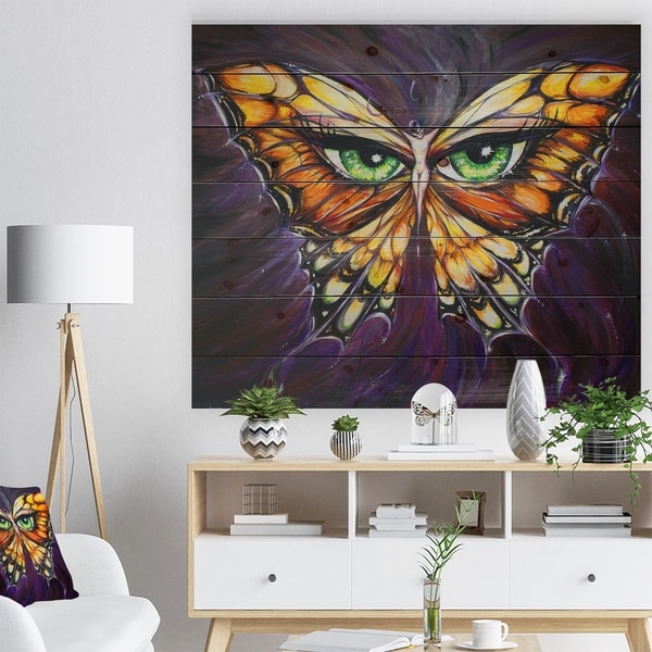 Designart 'Butterfly with Eyes in Wings' Contemporary Animals Painting Print on Natural Pine Wood - Purple
