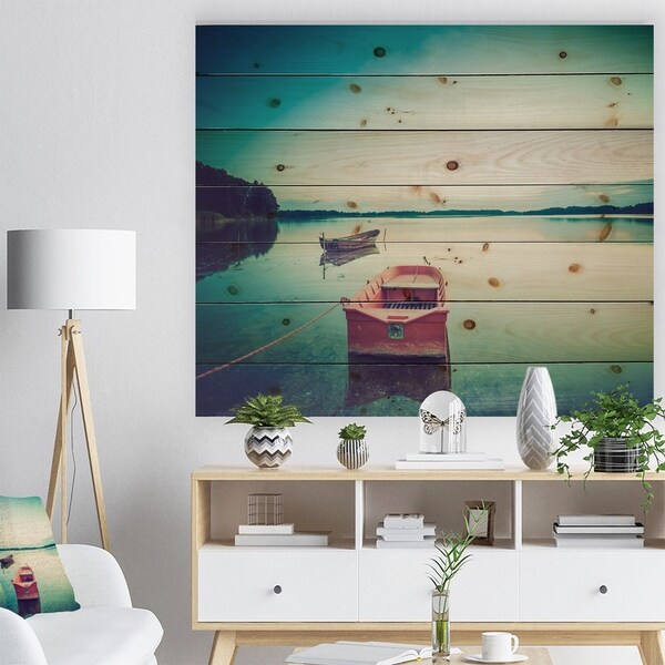 Designart 'Pink Boat in Vintage Lake' Boat Print on Natural Pine Wood - Pink