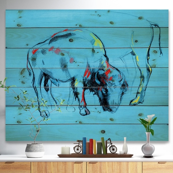 Designart 'Buffalo painting in Blue background' Animals Sketch Painting Print on Natural Pine Wood