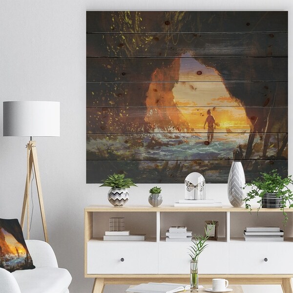 Designart 'Man Walking in the Cave' Sea & Shore Print on Natural Pine Wood - Brown