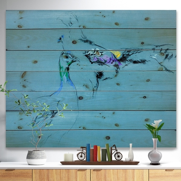 Designart 'Peacock and peahen sketch' Animals Sketch Painting Print on Natural Pine Wood - Blue