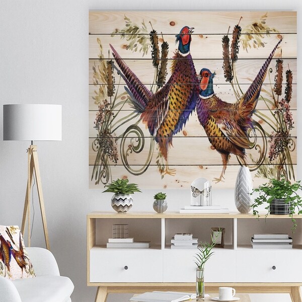 Designart 'Group of Bird pheasant watercolor illustration' Farmhouse Animal Painting Print on Natural Pine Wood - White