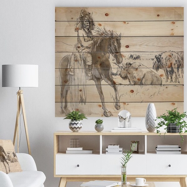 Designart 'Indian Chief Riding Horse' Sketch of Indian Animals Painting Print on Natural Pine Wood - Brown