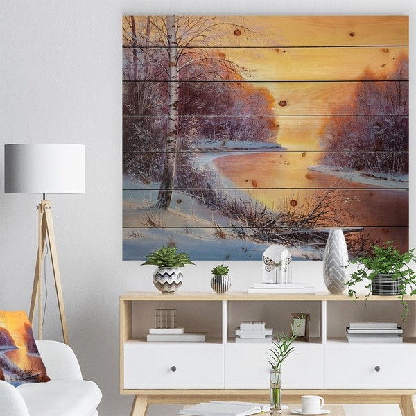 Designart 'Painting winter forest' Landscapes Painting Print on Natural Pine Wood - White