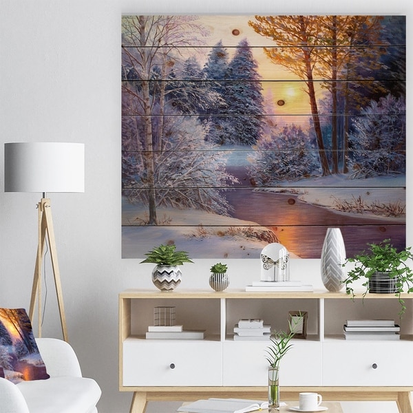 Designart 'Winter Forest in River' Landscapes Painting Print on Natural Pine Wood - White