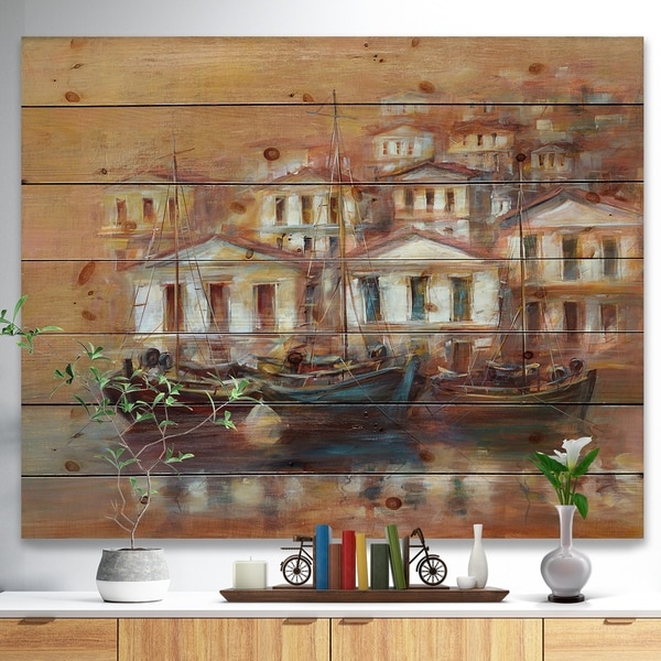 Designart 'Three Old Fishing Boats in harbor' Sea & Shore Painting Print on Natural Pine Wood - Brown