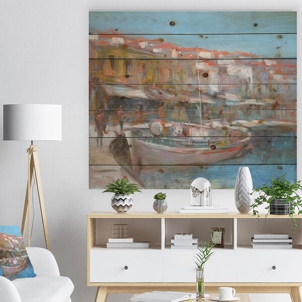 Designart 'Fishing boat in Croatian Coast' Sea & Shore Painting Print on Natural Pine Wood - Blue