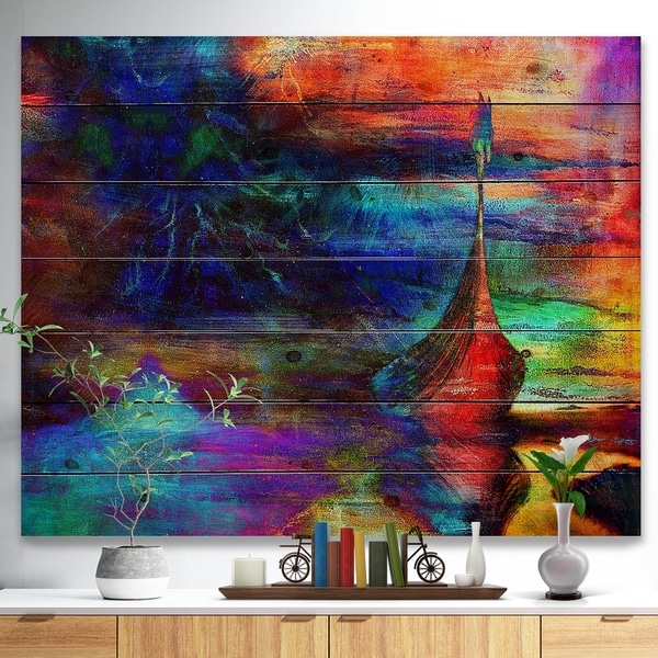Designart 'Boat with Wood Dragon' Sea & Shore Painting Print on Natural Pine Wood - Blue