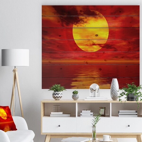 Designart 'Golden Sun Sinking in Red Waters' Seashore Print on Natural Pine Wood