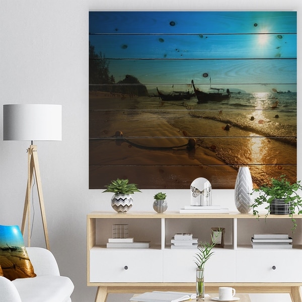 Designart 'Sunset with Boats in Andaman Sea' Modern Seascape Print on Natural Pine Wood - Blue