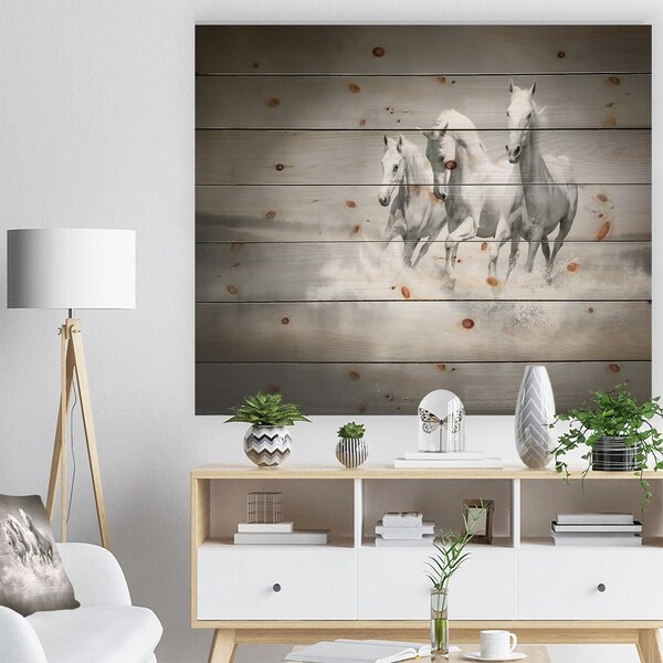 Designart 'Horses Running Through Water' Animal Print on Natural Pine Wood - White