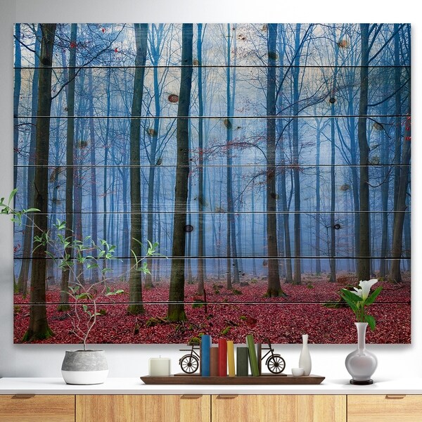 Designart 'Foggy Forest in Blue and Pink Photo' Modern Forest Print on Natural Pine Wood