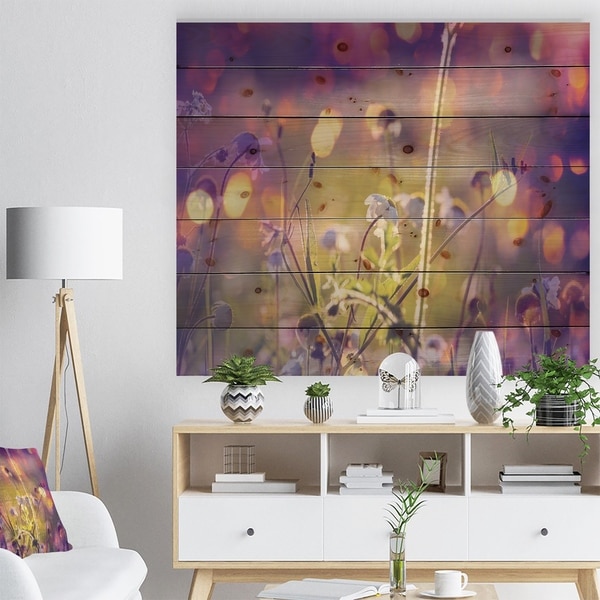 Designart 'Beautiful Flowers in Meadow' Floral Print on Natural Pine Wood - Purple