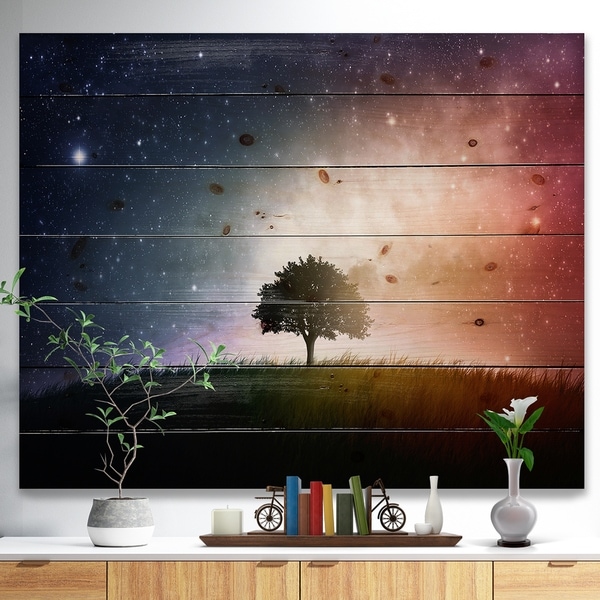 Designart 'Single Tree Space Background' Trees Print on Natural Pine Wood - Green