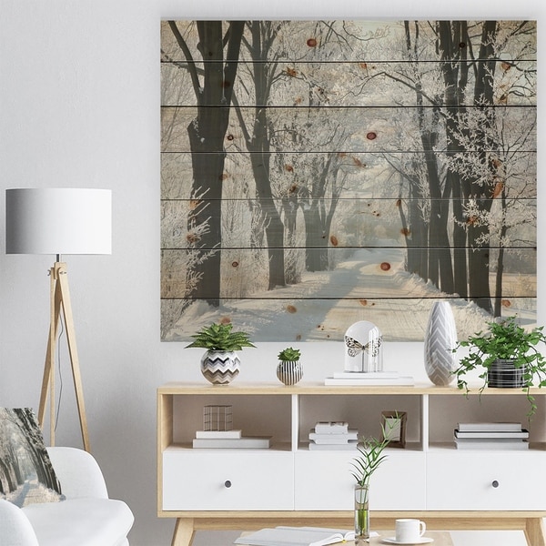 Designart 'Country Road Between Foggy Trees' Forest Print on Natural Pine Wood - White