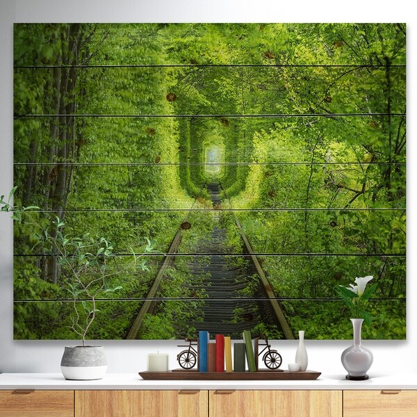 Designart 'Forest around Rail Way Tunnel' Landscape Print on Natural Pine Wood - Multi-color