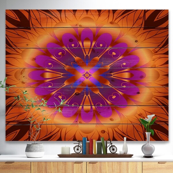 Designart 'Floral Infinity Design in Orange' Floral Print on Natural Pine Wood - Orange