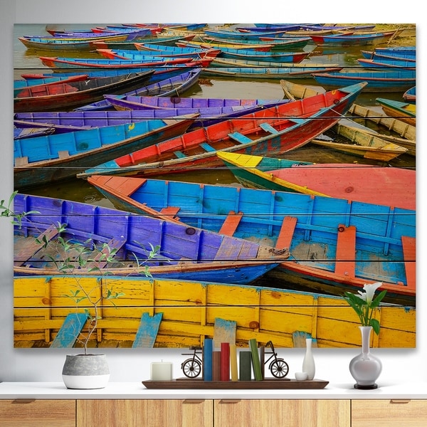 Designart 'Old Colorful Sailboats in Lake' Boat Print on Natural Pine Wood - Multi-color