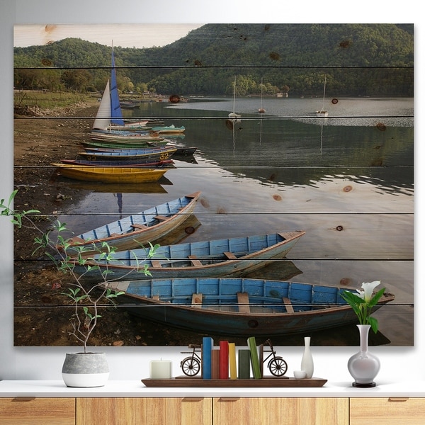 Designart 'Wonderful View of Pokhara Boats' Boat Print on Natural Pine Wood - Multi-color