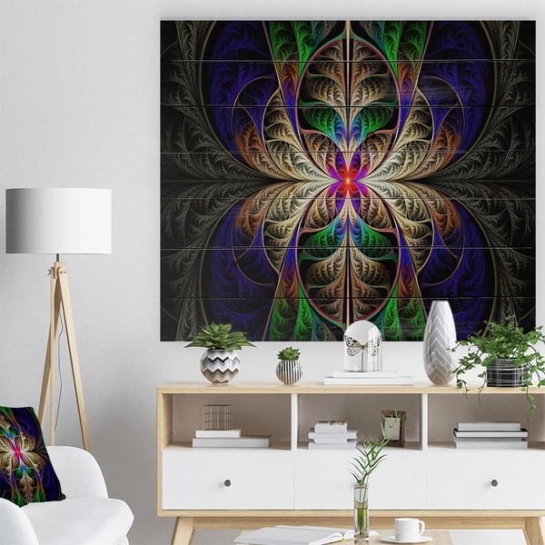 Designart 'Fabulous Multi Color Fractal Art' Abstract Print on Natural Pine Wood - Multi-color