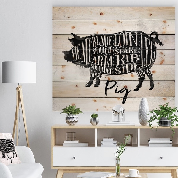 Designart 'Pig pork cutting scheme' Farmhouse Animal Painting Print on Natural Pine Wood - White