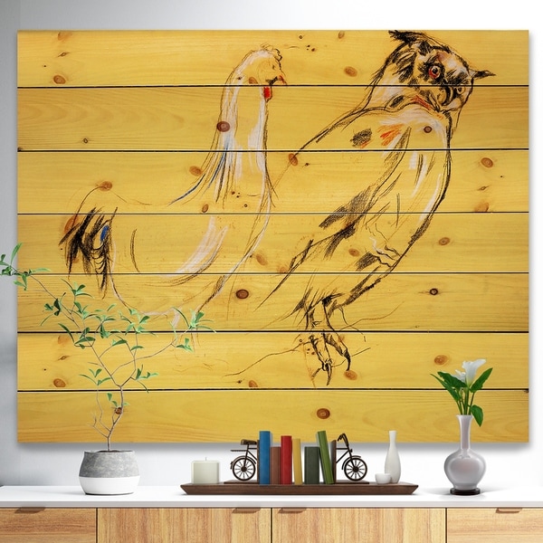 Designart 'Owl and rooster painting' Animals Sketch Painting Print on Natural Pine Wood - Multi-color